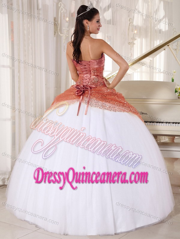Rust Red and White Spaghetti Tulle Quinceanera Gowns with Sequins