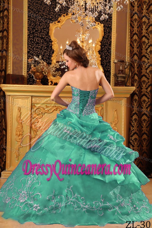 Turquoise Organza Embroidered New Quinceaneras Dresses with Beading