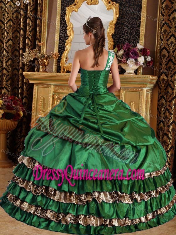 Green One Shoulder Appliqued Quinceanera Dresses in Taffeta and Leopard