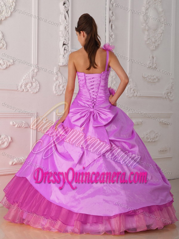 Hot Pink One Shoulder Organza and Taffeta Dress for Quince with Beading