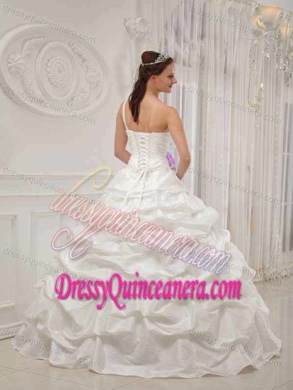 White One Shoulder Taffeta Sweet 16 Dress with Beading and Hand Flowers