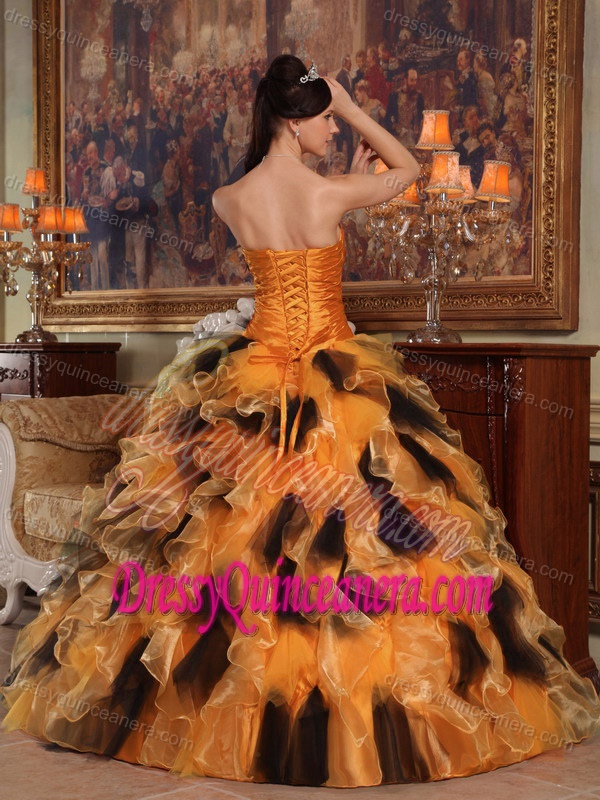 Unique Strapless Organza and Taffeta Quinceaner Dress in Orange and Black