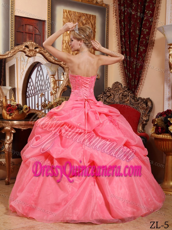 Watermelon Appliqued Strapless Organza Best Sweet 16 Dress with Pick Ups