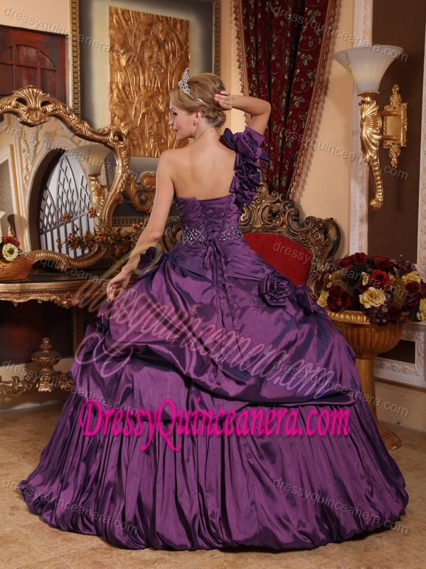 One Shoulder Taffeta Beaded Quinceanera Dress with Hand Flowers in Purple