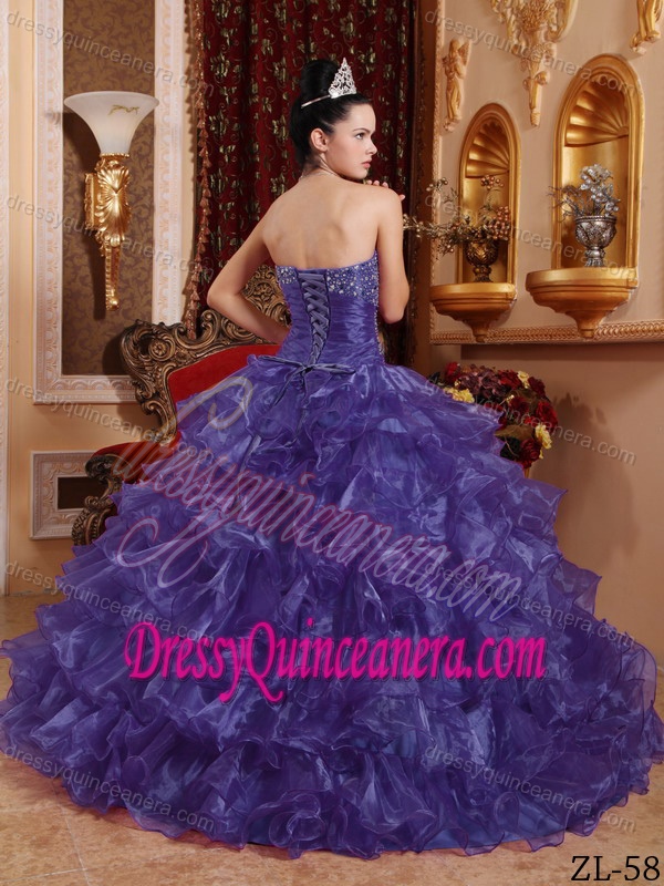 Purple Beaded Strapless Organza Quinceanera Dresses with Ruffled Layers