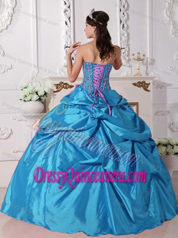 Teal Strapless Taffeta Quinceanera Dress with Beading and Hand Flowers