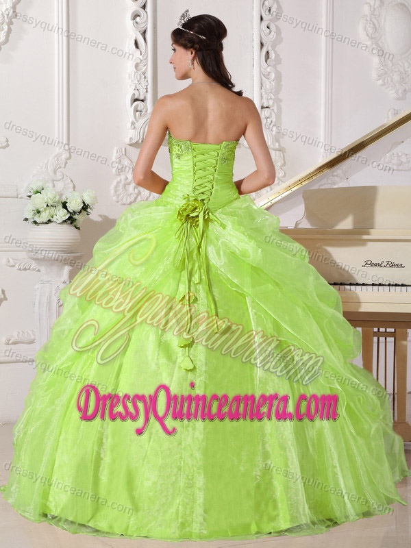 Embroidery Strapless Yellow Green Quinceanera Dress in Organza and Taffeta