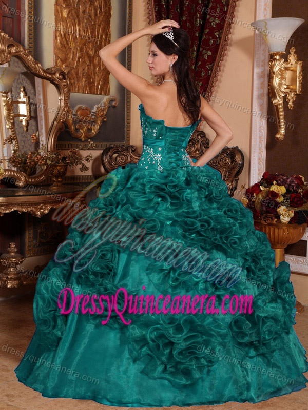 Turquoise Appliqued Strapless Dresses for Quince with Rolling Flowers