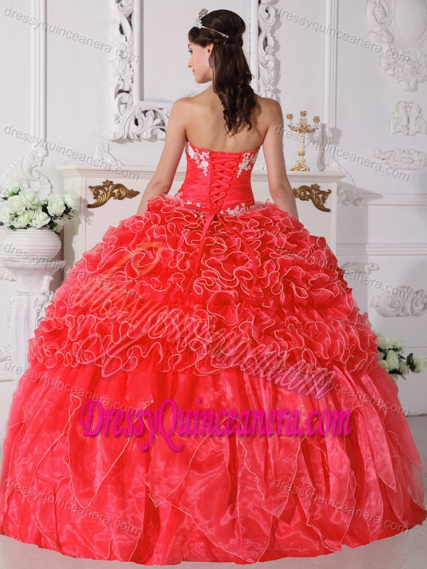 Coral Red Strapless Embroidery Quinceanera Dress in Organza with Ruffles
