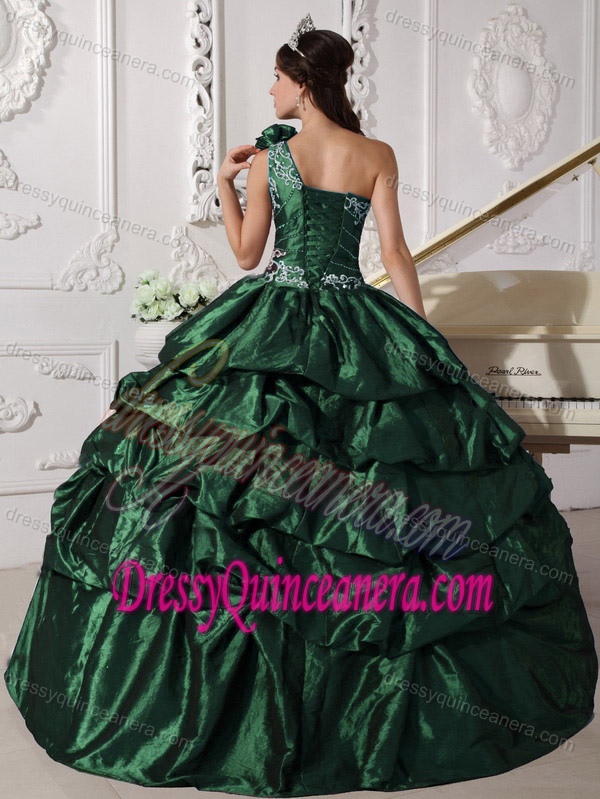 Single Shoulder Taffeta Dresses for Quince with Appliques and Pick-ups