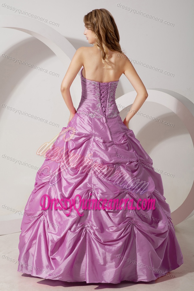 Lavender Strapless Taffeta Sweet 16 Dresses with Appliques and Pick Ups