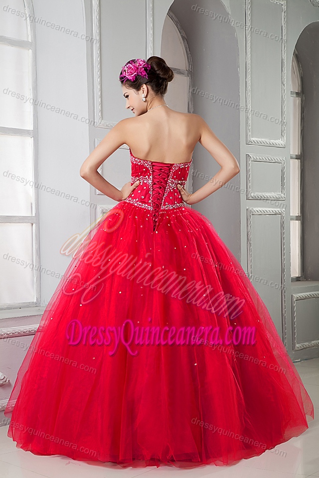 Red Sweetheart Floor-length Tulle Quinceanera Dress with Beading on Sale