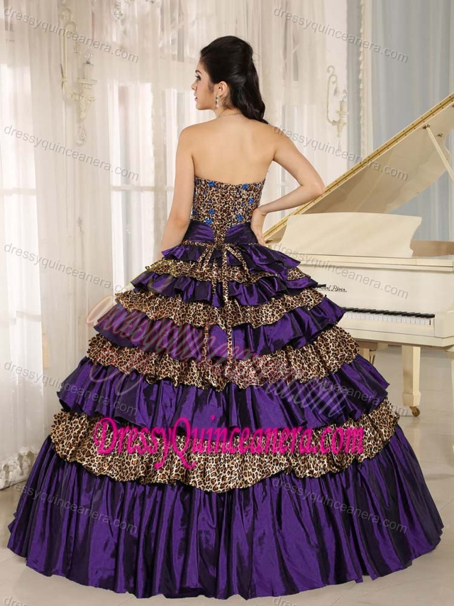 Dark Purple Leopard Ruffled Dress for Quince with Appliques and Beading