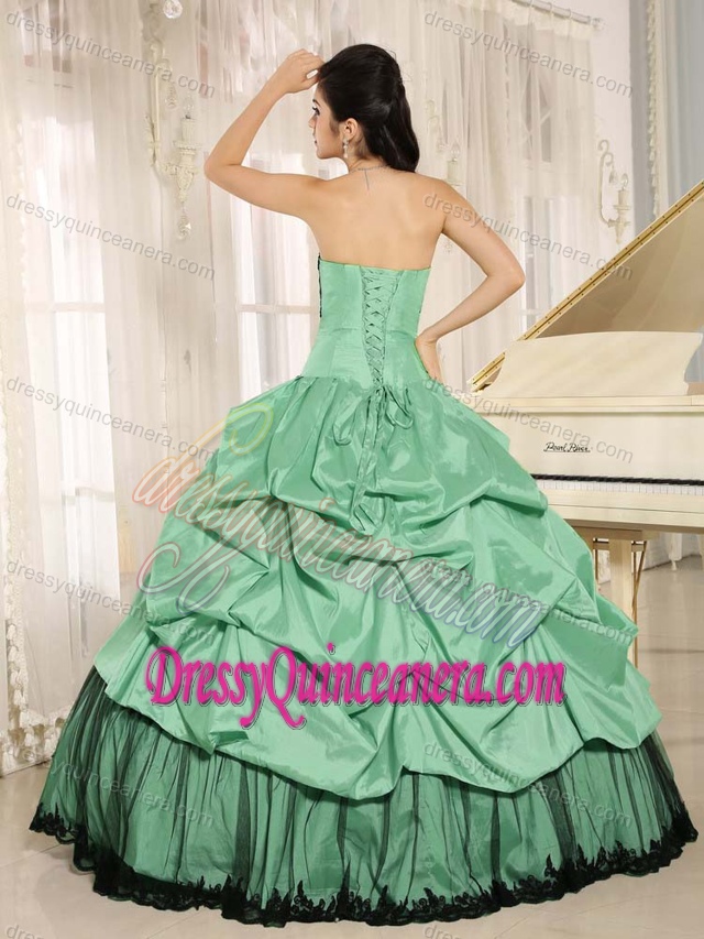 Green and Black Quinceanera Gowns in Taffeta with Pick-ups and Appliques
