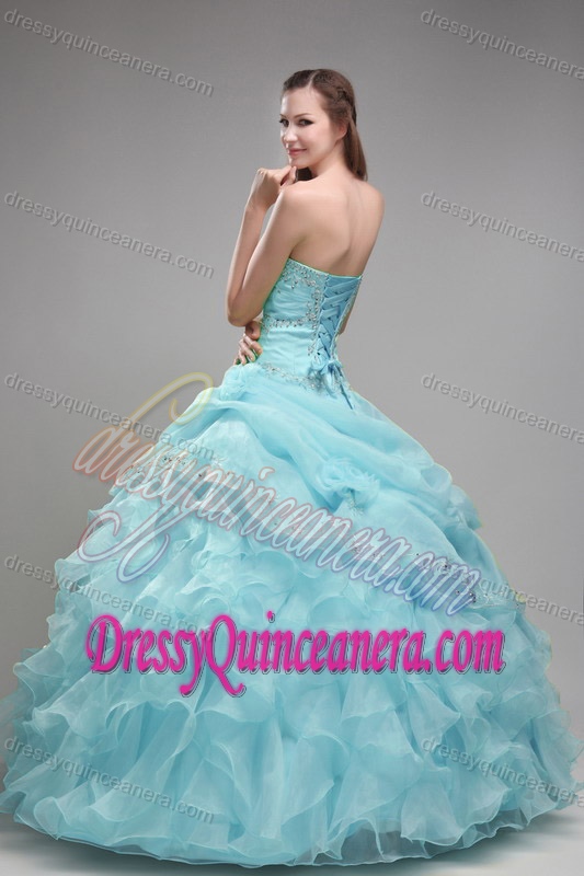 Pretty Light Blue Strapless Organza Beaded and Ruffled Quinceanera Dresses