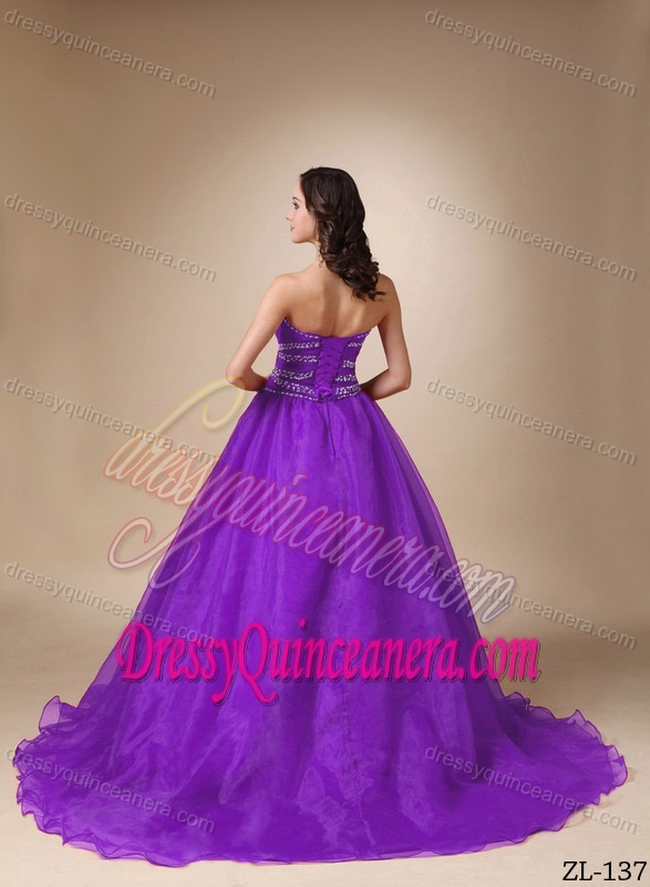 Purple Sweetheart Taffeta and Organza Beaded Quinceanea Dress for Cheap