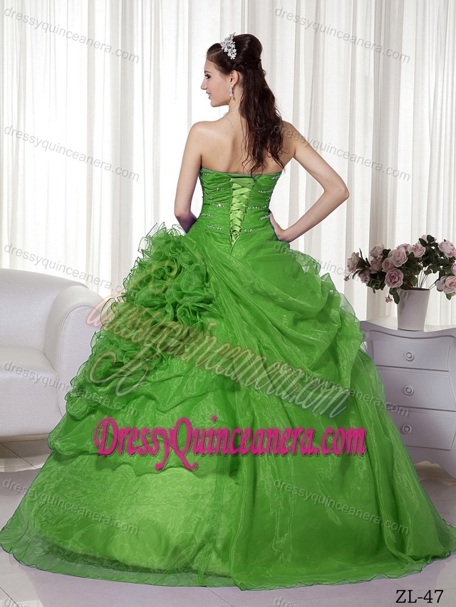Green Sweetheart Organza Beaded and Ruched Quinceanera Dress for Cheap