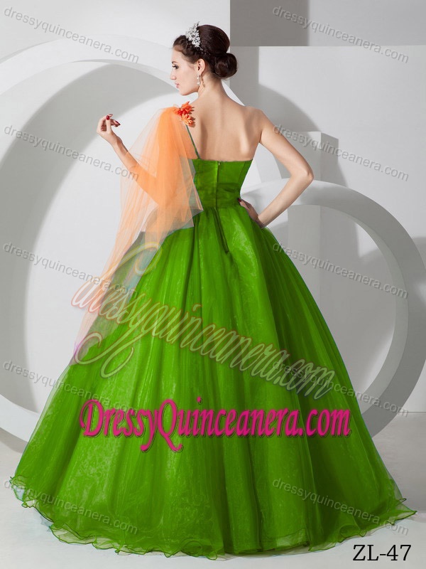 Pretty One Shoulder Organza Dress for Quinceanera with Hand Made Flowers