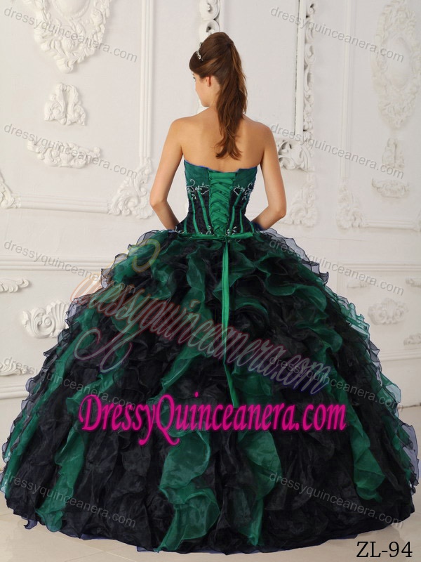 Green and Black Taffeta and Organza Beaded and Ruffled Quinceanera Dress