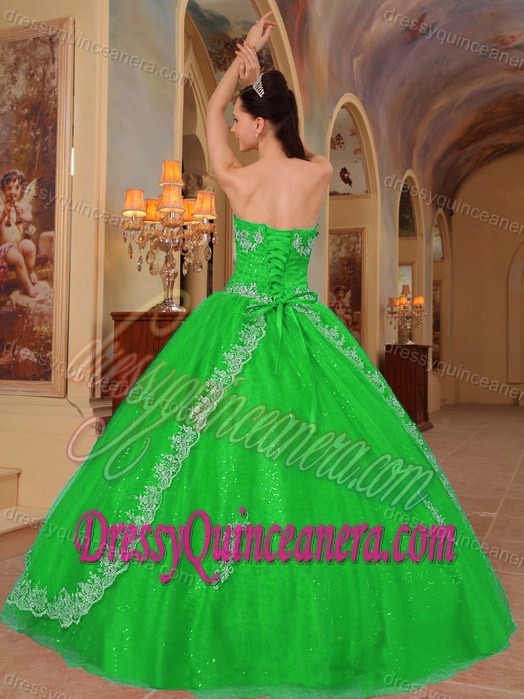Spring Green Sweetheart Organza Beaded Quinceanera Dress with Appliques