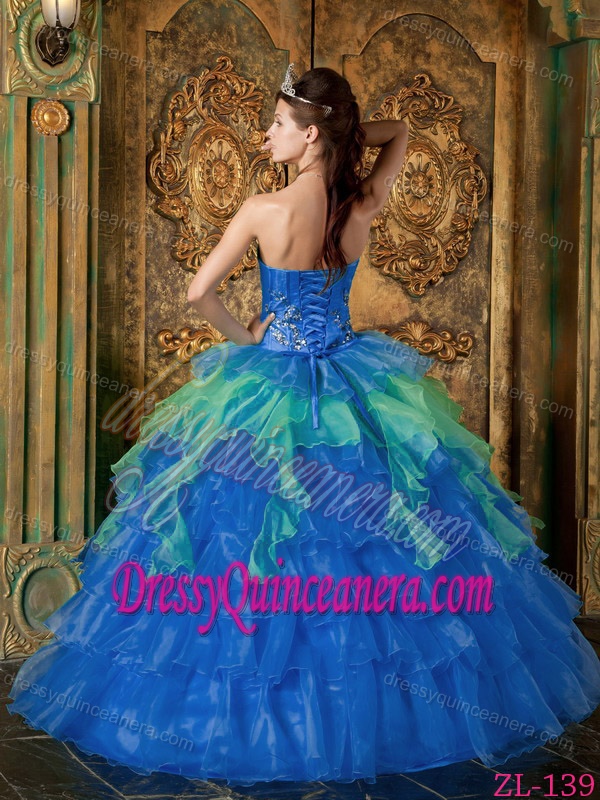 Modern Blue Strapless Organza Quinceanera Dress with Ruffles on Promotion
