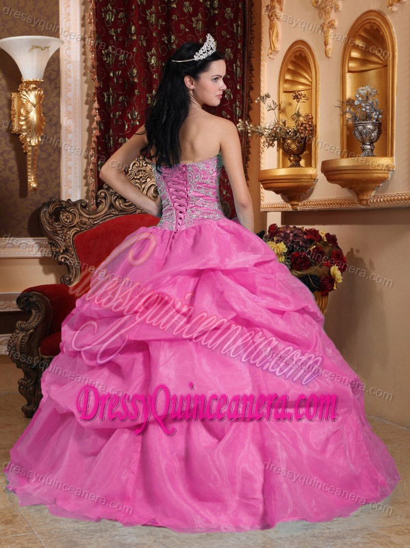 Popular Pink Sweetheart Organza Quinceanera Dress with Beading and Pick-up