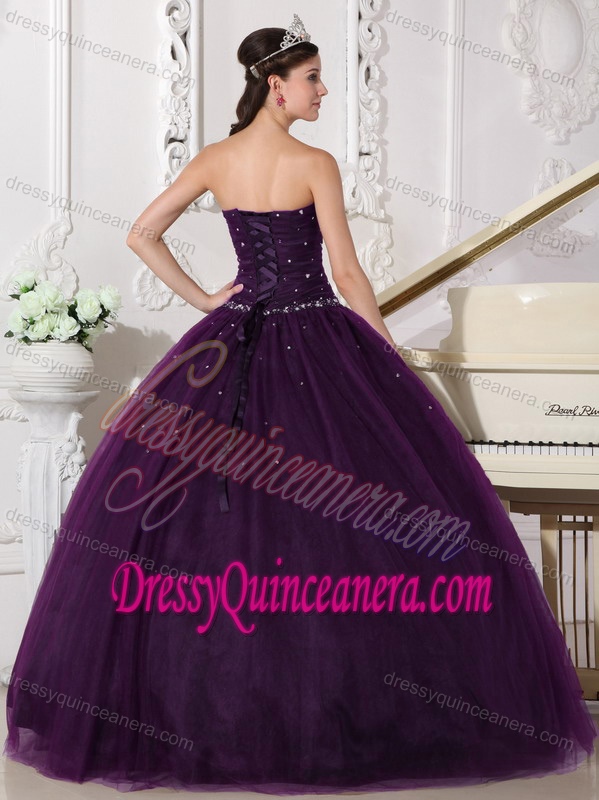 Dark Purple Sweetheart Tulle Quinceanera Dress with Beading on Promotion