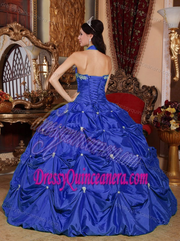2013 Luxurious Halter Top Lace-up Quinceanera Dresses in Blue under 200