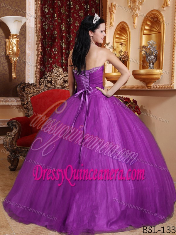 Dressy Purple Tulle and Taffeta Beaded Dress for Quinceanera with Bowknot