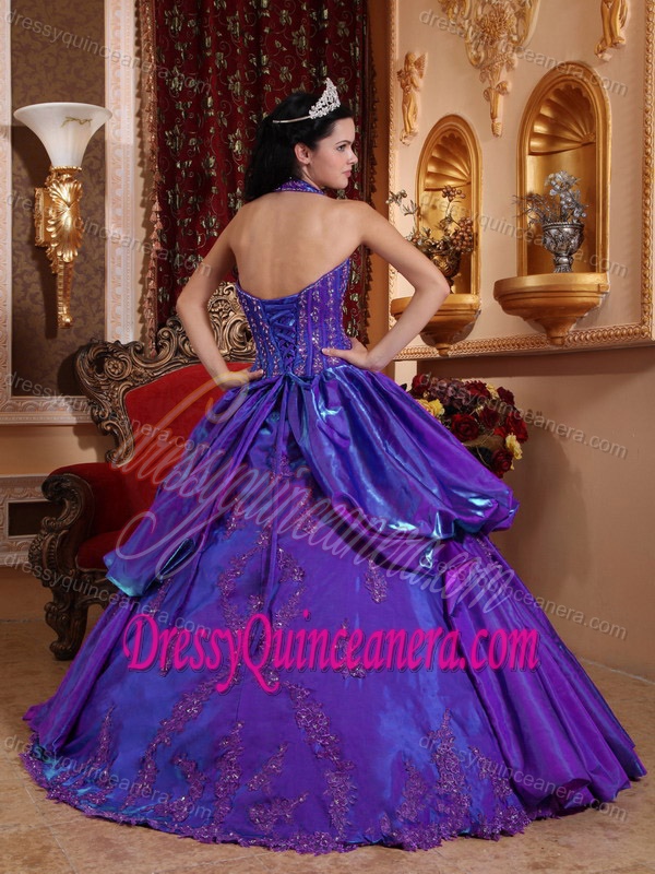 Romantic Purple Halter Top Taffeta Sweet Sixteen Dress with Appliques