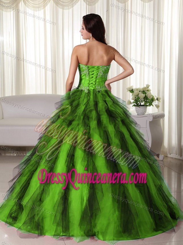 Green Lace-up Floor-length Beaded Taffeta Special Dress for Quinceanera