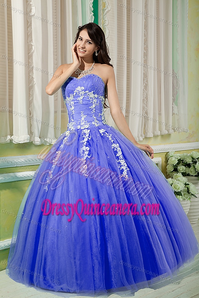 Popular Sweetheart Lace-up Purple Tulle Dress for Quince with Appliques
