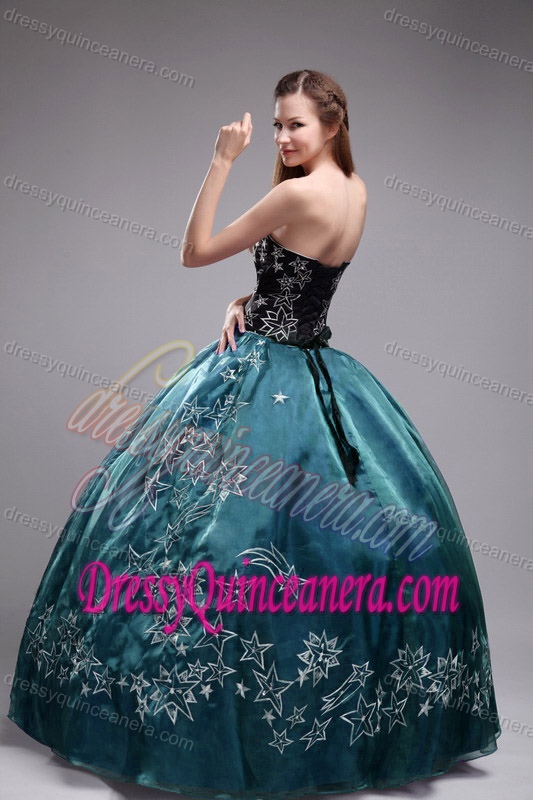 Attractive Teal and Black Embroidered Lace-up Organza Dress for Quince
