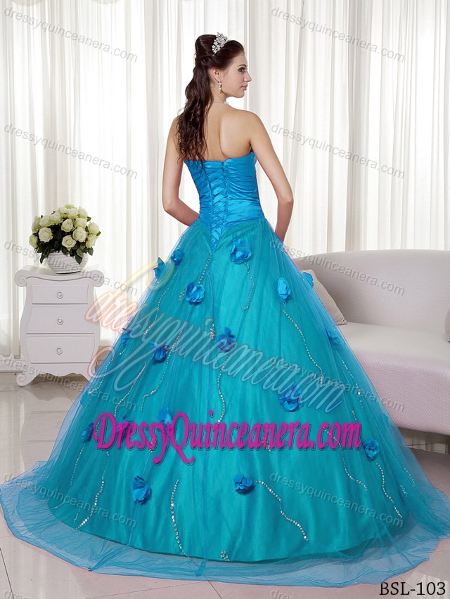 Tulle and Taffeta Hand Made Flowers Dress for Quince with Brush Train