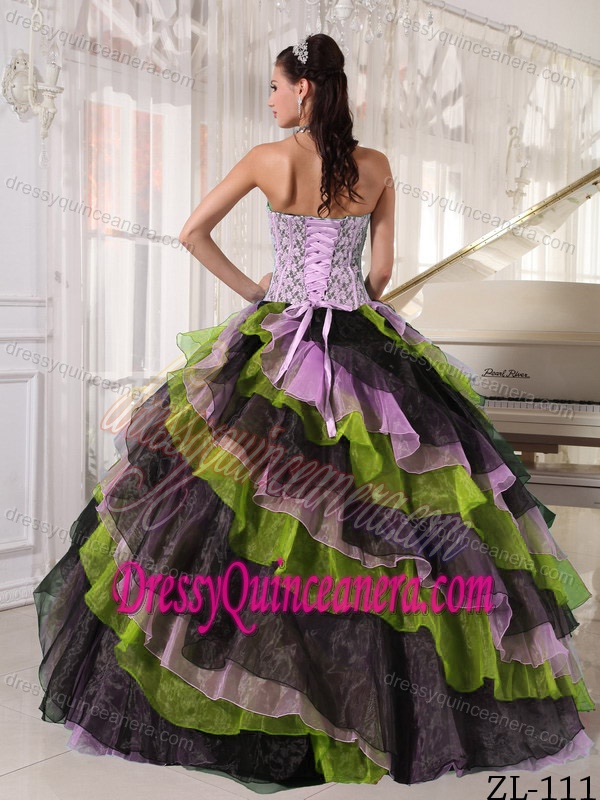 Multi-colored Organza Appliqued Beaded Quinceanera Dress with Ruffles