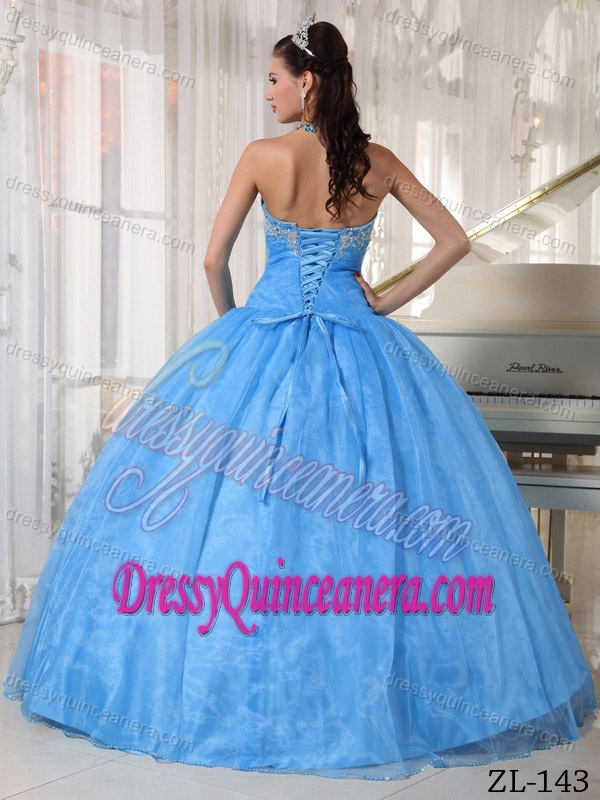 Blue Sweetheart Taffeta and Organza Quinceanera Dress with Appliques