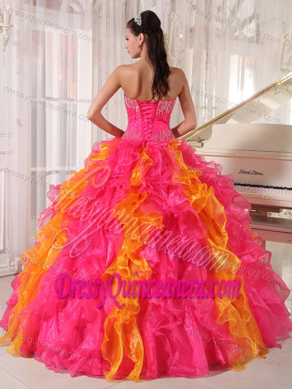 Hot Pink and Orange Organza Sequined Quinceanera Dress with Ruffles
