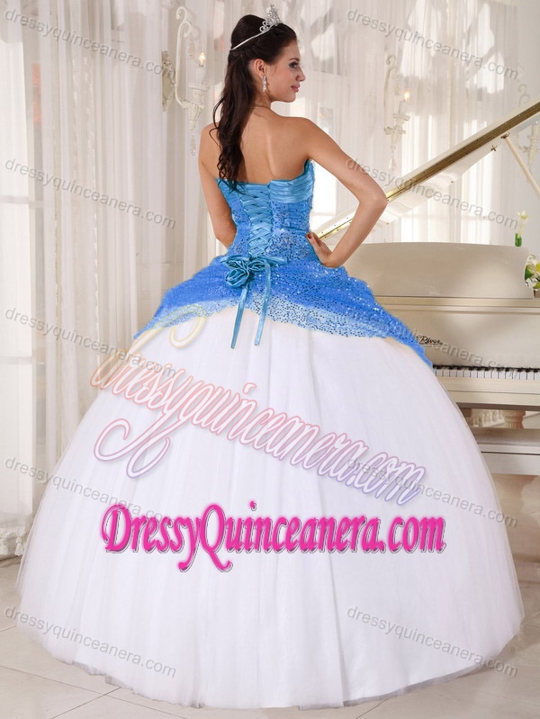 Blue and White Sequined Appliques Quince Dresses with Spaghetti Straps