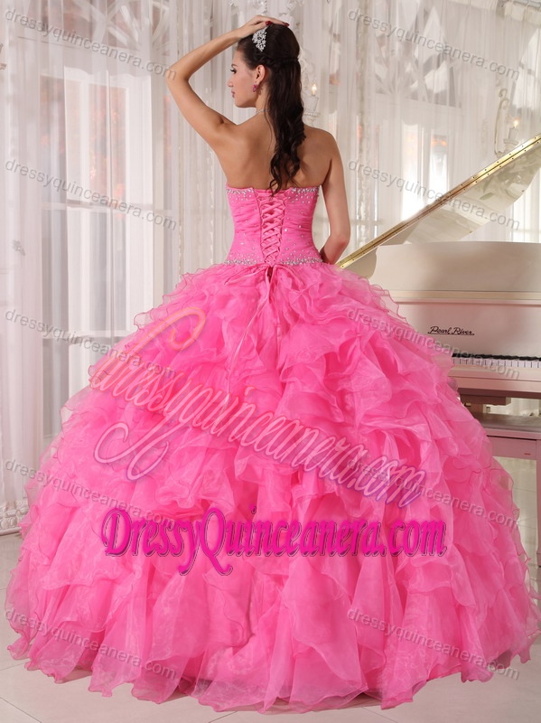 Luxurious Strapless Organza Beaded Quinceanera Gown Dresses in Pink