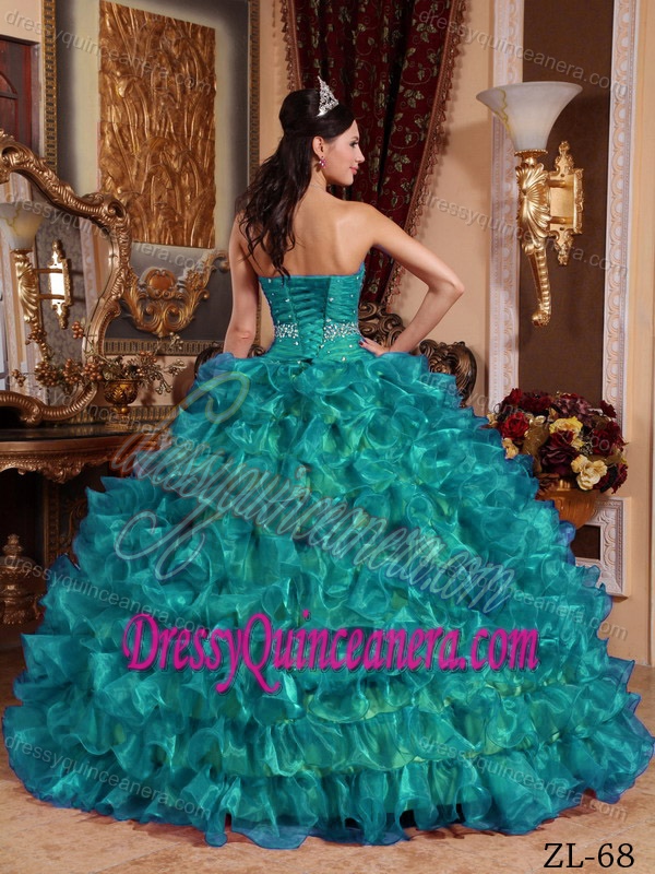 formal Teal Sweetheart Organza Quinceanera Gown Dress with Beading