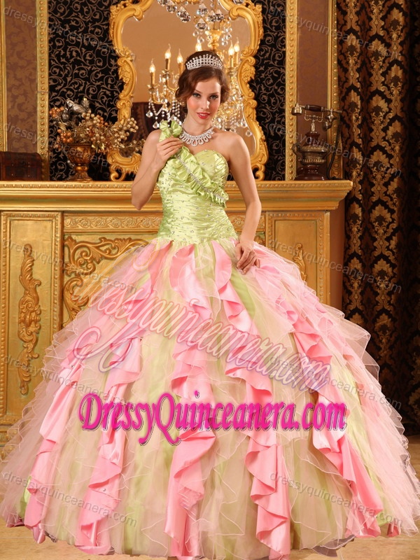 Multi-Colored One Shoulder Ruffled Quinceanera Dresses with Beading