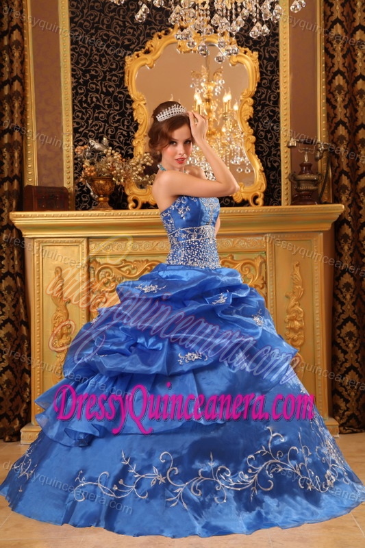 Brand New Blue Strapless Organza Quinceanera Gown Dress with Beading