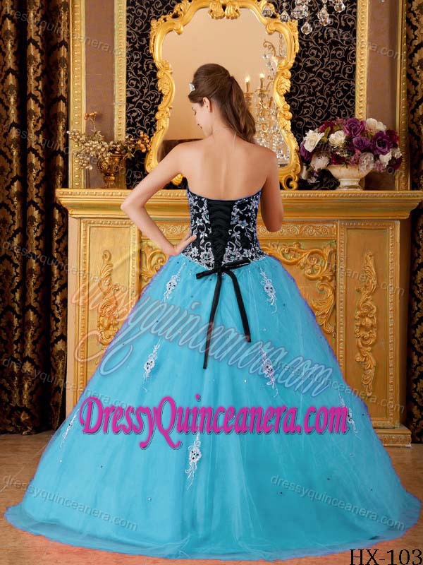 Cheap Sweetheart Tulle Beaded Quinceanera Gown Dress in Aqua Blue