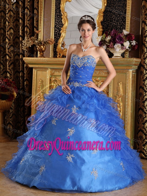 2015 Blue Organza Quinceanera Gown Dresses in Summer with Ruffles