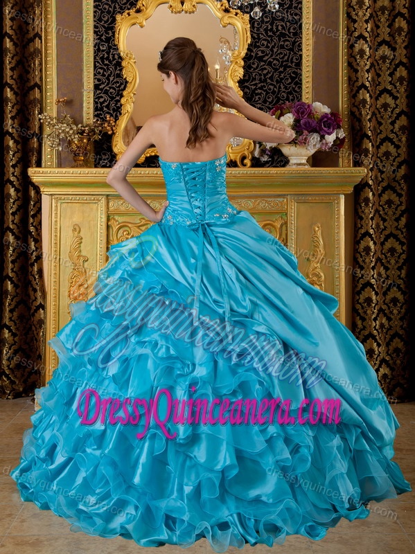 Blue Appliqued Quinceanera Dress in Fall for 2015 in Taffeta and Organza