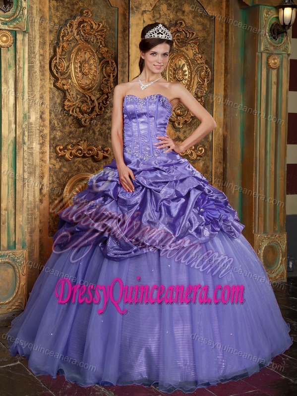 Purple Taffeta and Organza Appliqued Quinceanera Dress with Pick-ups