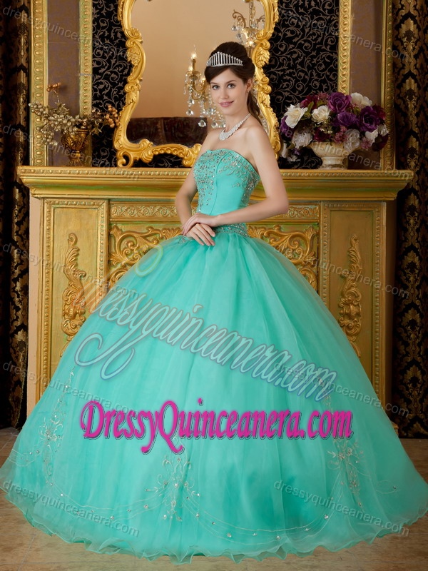 Turquoise Beading Appliques Strapless Organza Quinceanera Gown Dress