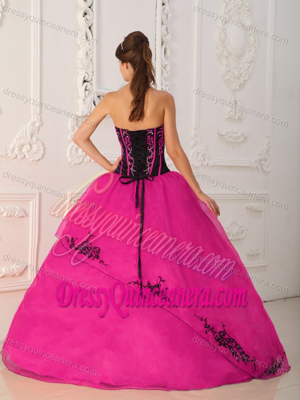 Strapless Fuchsia Satin and Organza Quinceanera Gown Dress with Appliques