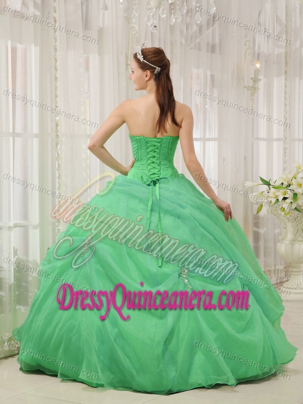Apple Green Beading Sweetheart Organza Appliques Quinceanera Gowns