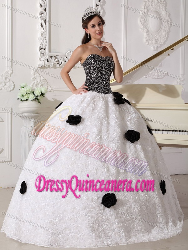 Sequins White and Black Strapless Rolling Flowers Sweet Sixteen Dresses
